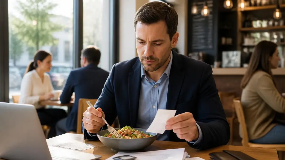 Homme d'affaires vérifiant son ticket de caisse tout en déjeunant pour optimiser ses frais repas impôts 2026