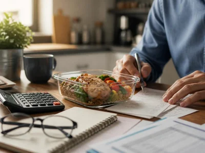 Une personne calcule ses frais repas impôts 2025 en préparant sa déclaration avec une calculatrice et un repas sain