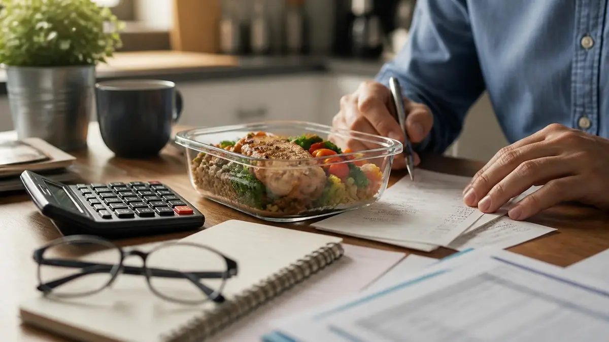 Une personne calcule ses frais repas impôts 2025 en préparant sa déclaration avec une calculatrice et un repas sain