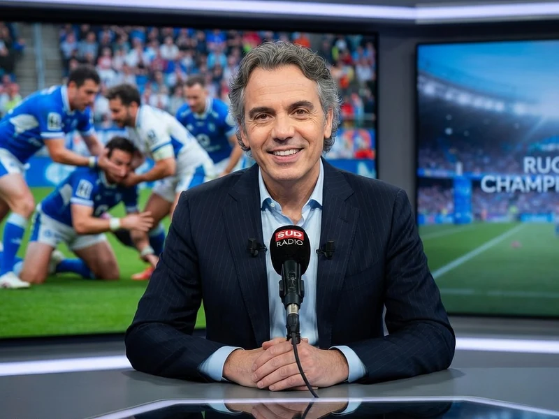 François Trillo sourit dans un studio de télévision avec des matchs de rugby diffusés en arrière-plan