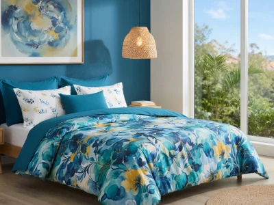 Une chambre lumineuse met en scène un lit avec une couette fleurie bleue de Françoise Saget