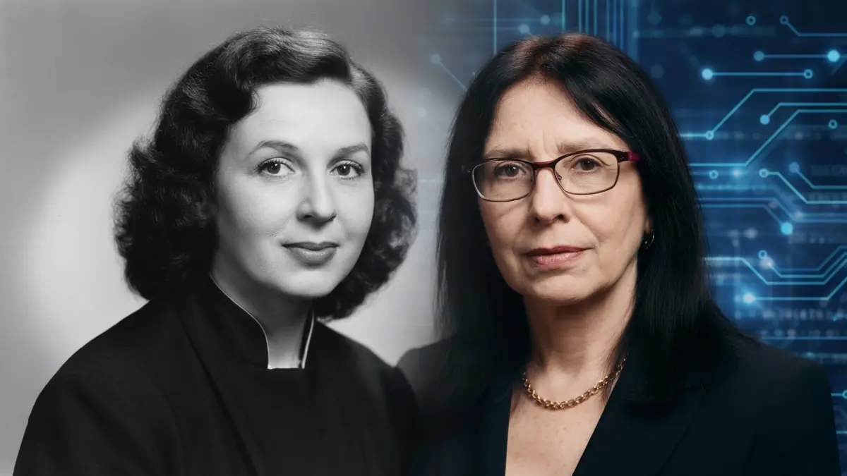 Françoise Soulié est représentée par un portrait en noir et blanc et un autre sur fond de circuits bleus