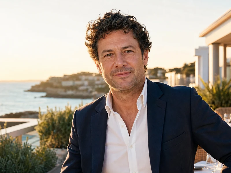 Frédéric Suant pose sur une terrasse en bord de mer face à l'horizon charentais.