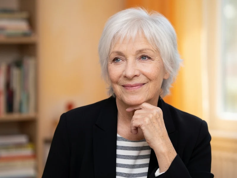 Frédérique Tirmont sourit la main au menton dans un intérieur lumineux
