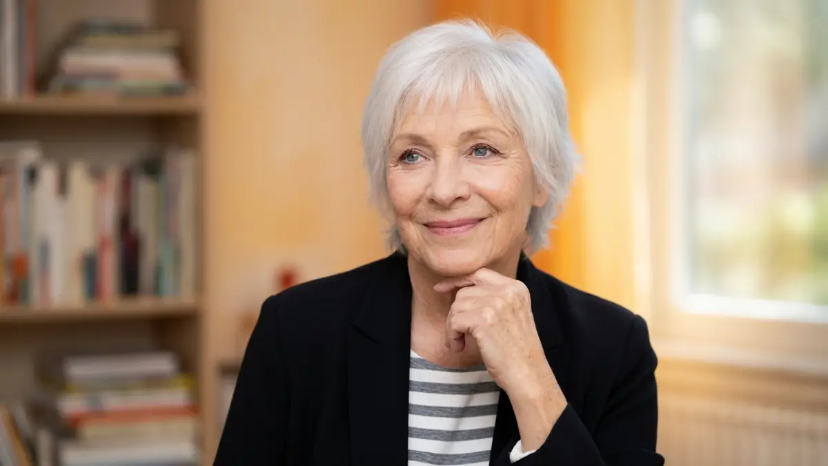 Frédérique Tirmont sourit la main au menton dans un intérieur lumineux
