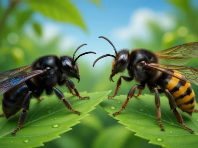 Deux frelons noirs et un frelon asiatique se font face sur des feuilles vertes dans la nature