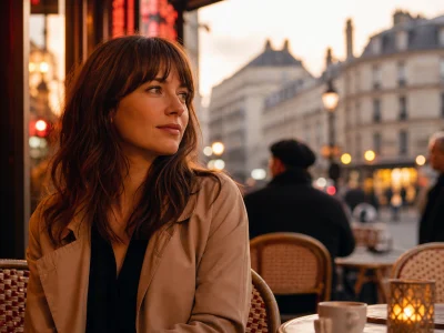 Une jeune francophile savoure l'atmosphère d'une terrasse parisienne au crépuscule.
