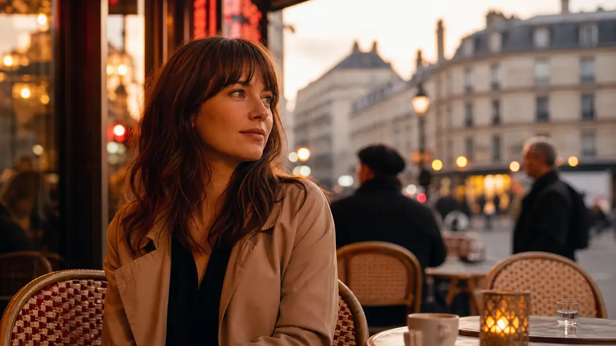 Une jeune francophile savoure l'atmosphère d'une terrasse parisienne au crépuscule.