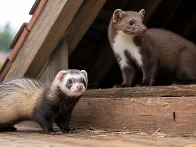 Une fouine sauvage et un mustélidé fouineur domestique observés près d'un grenier.