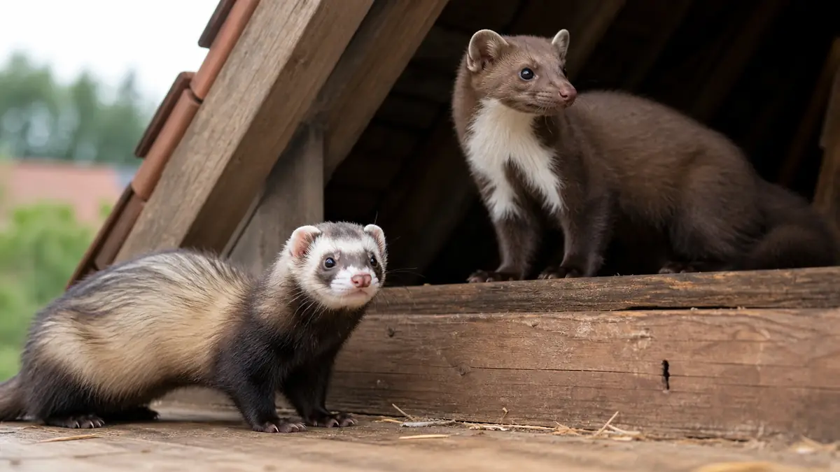 Une fouine sauvage et un mustélidé fouineur domestique observés près d'un grenier.