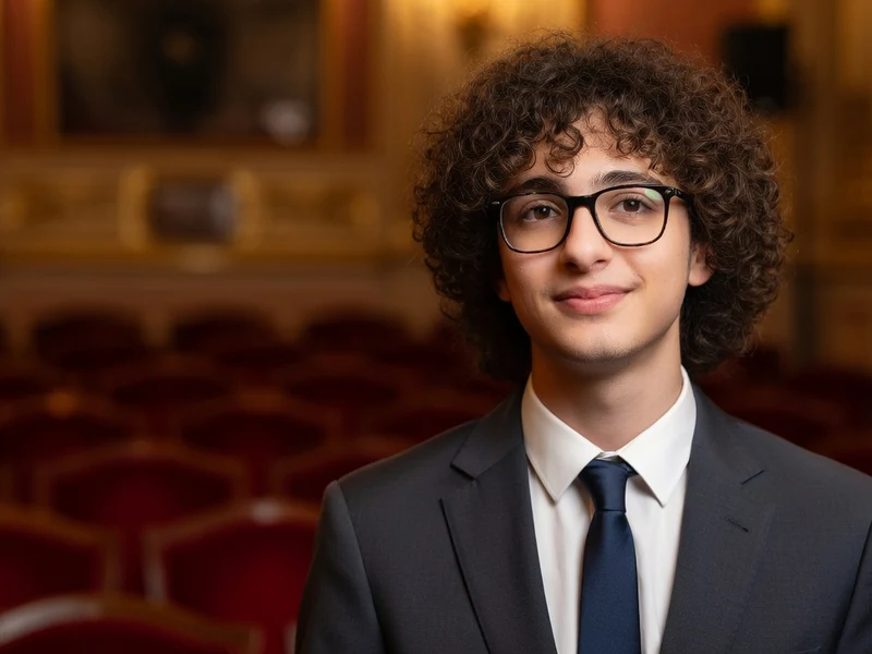 Portrait de Gabriel Naccache portant un costume et des lunettes dans une salle de théâtre aux sièges rouges