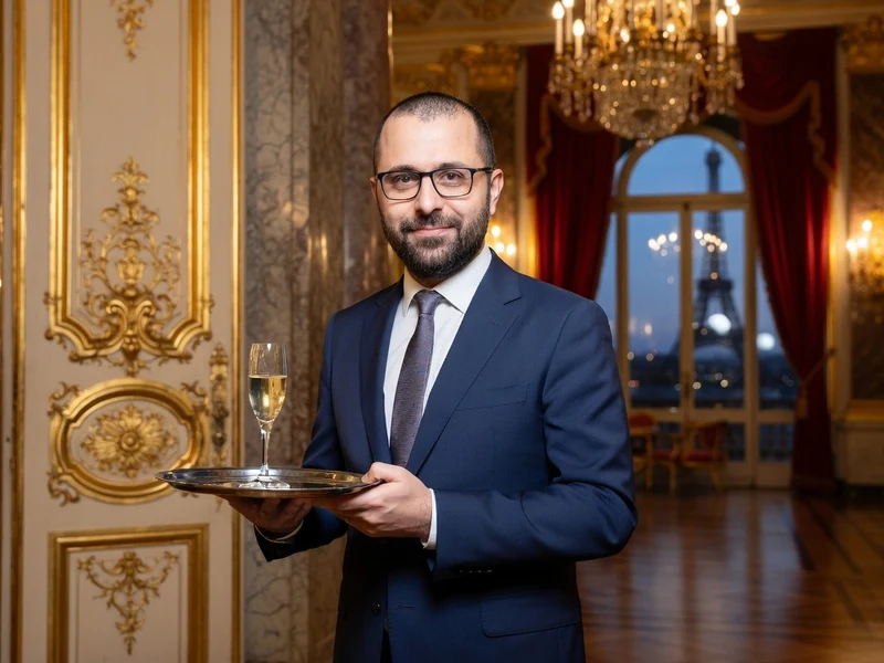 L'humoriste Gad Abecassis en costume tenant un plateau avec une coupe de champagne dans un salon luxueux avec vue sur Paris