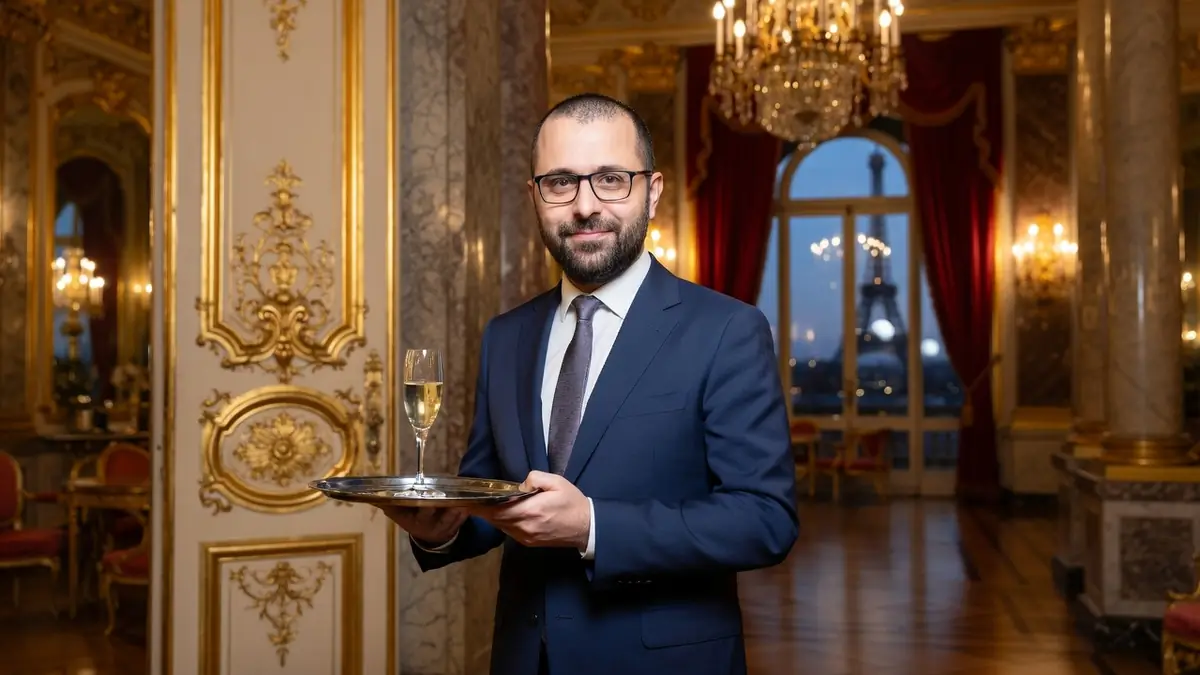 L'humoriste Gad Abecassis en costume tenant un plateau avec une coupe de champagne dans un salon luxueux avec vue sur Paris