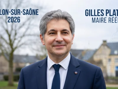 Portrait de Gilles Platret Chalon-sur-Saône en costume devant un paysage urbain
