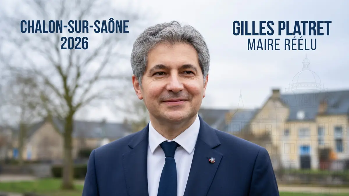 Portrait de Gilles Platret Chalon-sur-Saône en costume devant un paysage urbain