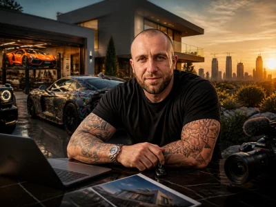 Homme tatoué posant devant des voitures de sport luxueuses et une villa moderne pour illustrer la Gmk fortune