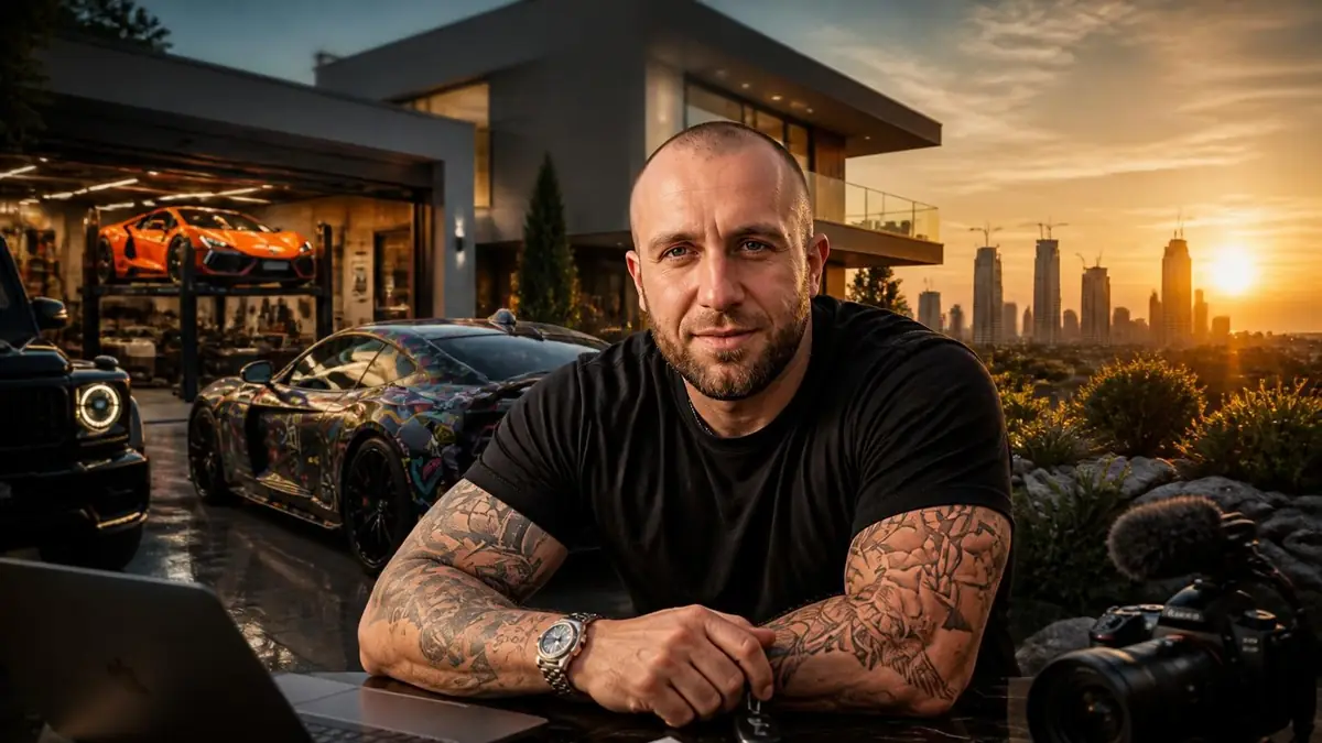 Homme tatoué posant devant des voitures de sport luxueuses et une villa moderne pour illustrer la Gmk fortune