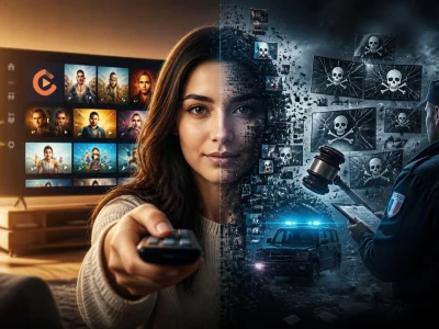 Une femme utilisant une télécommande illustre le concept Gomdax entre streaming légal et risques juridiques