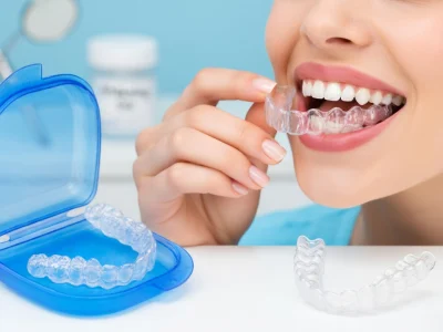 Une femme sourit en plaçant une gouttière dentaire transparente sur ses dents devant un boîtier de rangement bleu
