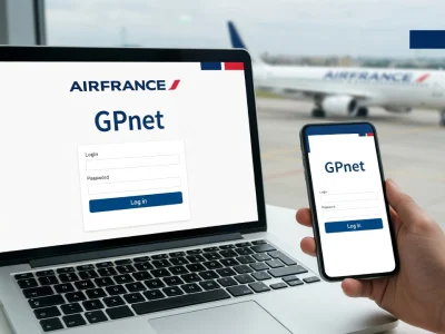 Un ordinateur portable et un smartphone affichent GPNet devant un avion à l'aéroport
