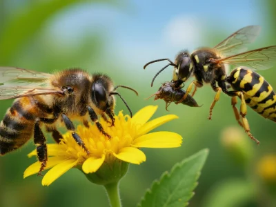 Une abeille sur fleur jaune et guêpe avec proie illustrent guêpes ou abeilles