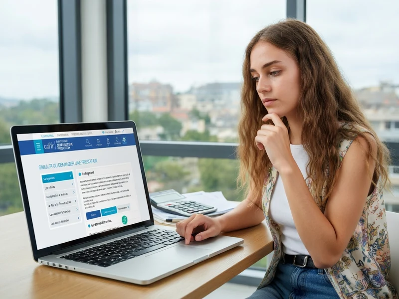 Une femme consulte son ordinateur portable pour simuler une aide au logement dans un bureau lumineux