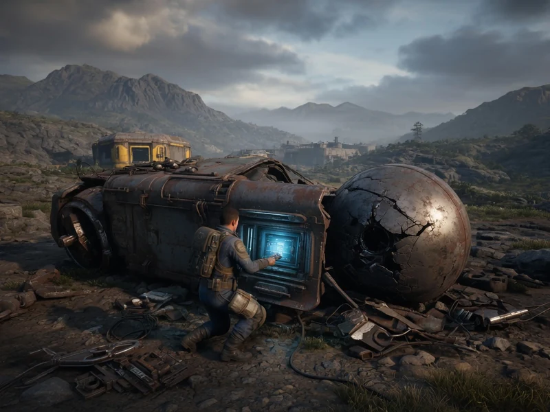 Explorateur agenouillé devant un véhicule et une sphère avec une trace Arc Raiders dans un paysage montagneux