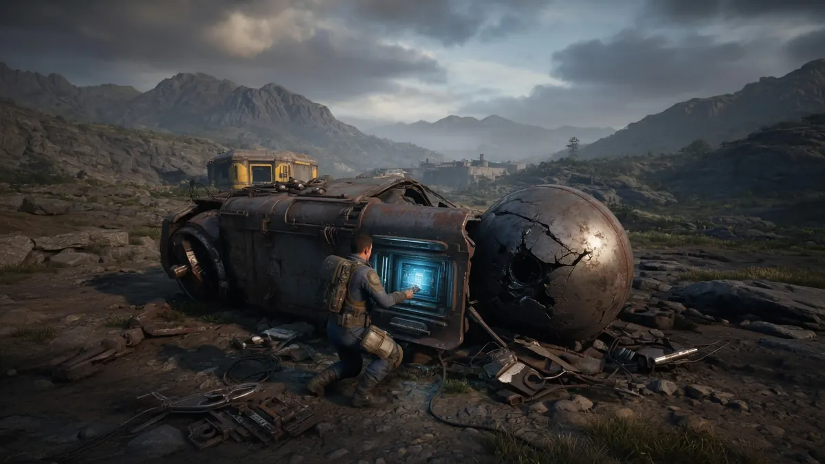 Explorateur agenouillé devant un véhicule et une sphère avec une trace Arc Raiders dans un paysage montagneux