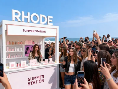 Hailey Bieber se tient devant une foule de fans qui prennent des photos sur une jetée en bord de mer