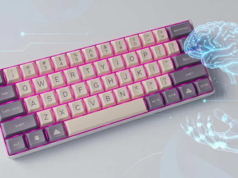 Le clavier rose de Halmak apparaît aux côtés d'un cerveau lumineux et d'une main robotisée