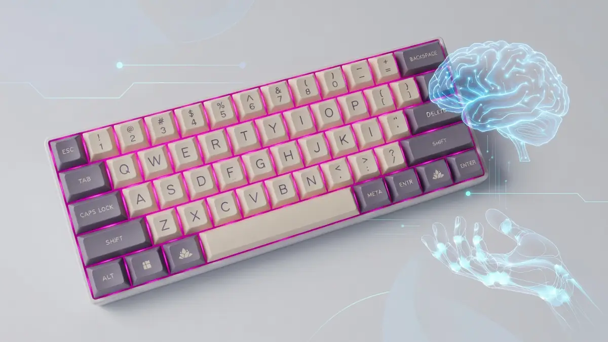 Le clavier rose de Halmak apparaît aux côtés d'un cerveau lumineux et d'une main robotisée