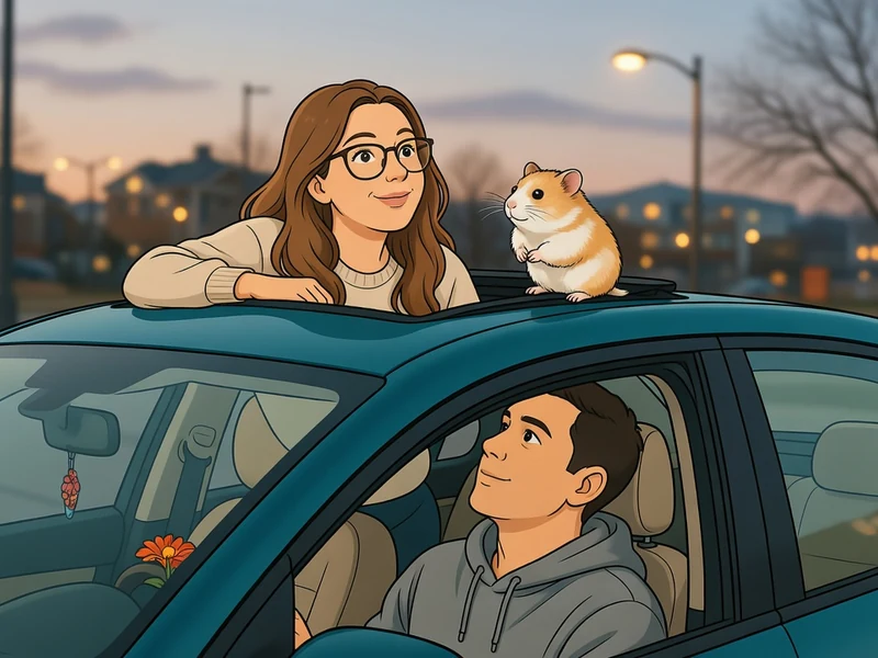 Une femme et un hamster font du hamstering sur le toit d'une voiture conduite par un homme