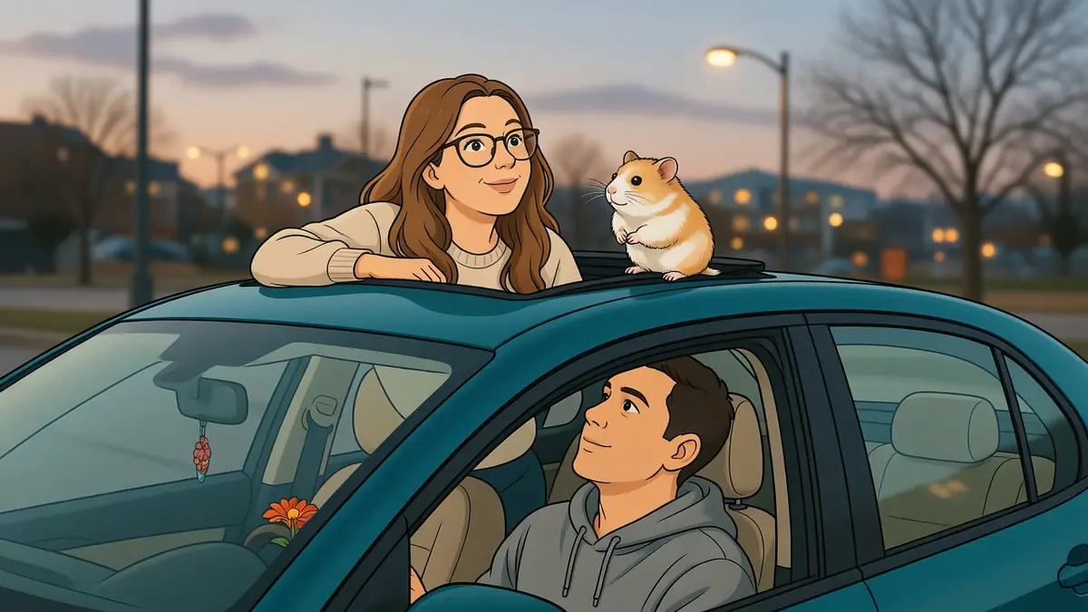 Une femme et un hamster font du hamstering sur le toit d'une voiture conduite par un homme