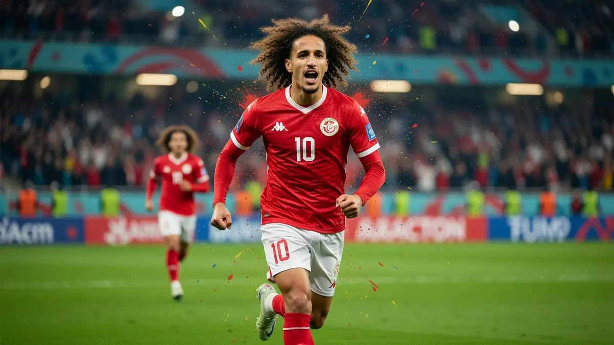 Le footballeur hannibal Mejbri Tunisie court en criant sur le terrain