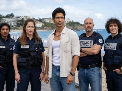 Une équipe de policiers et un civil posent sur une promenade de bord de mer pendant la haute saison