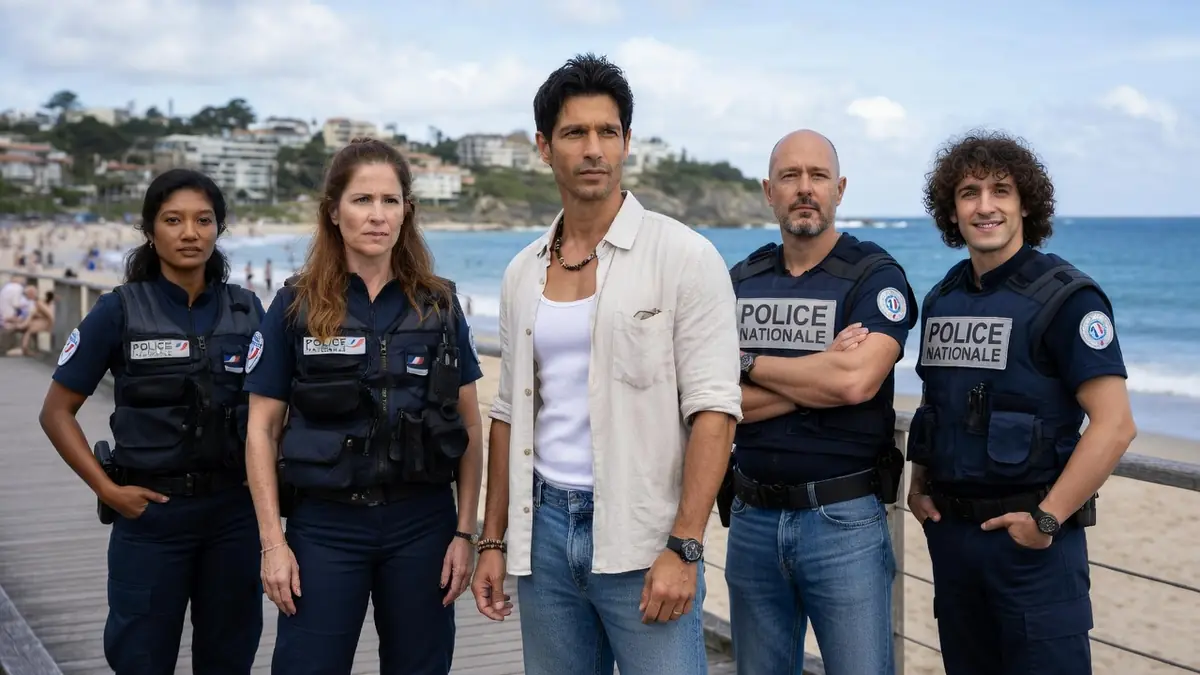Une équipe de policiers et un civil posent sur une promenade de bord de mer pendant la haute saison
