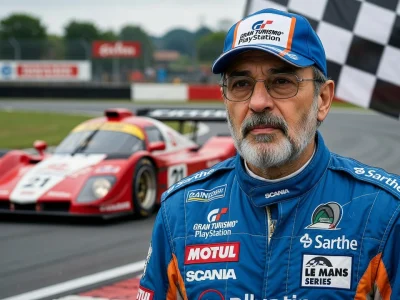 Henri Pescarolo se tient sur un circuit devant une voiture de course rouge.