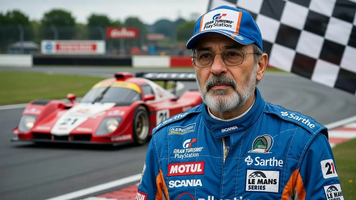 Henri Pescarolo se tient sur un circuit devant une voiture de course rouge.