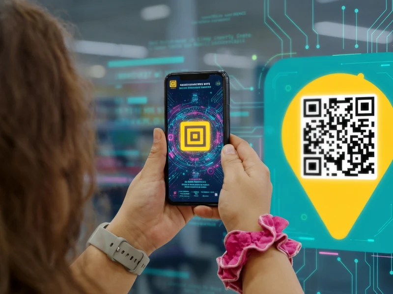 Une femme tient son smartphone pour accéder à Henti scan dans un environnement numérique futuriste