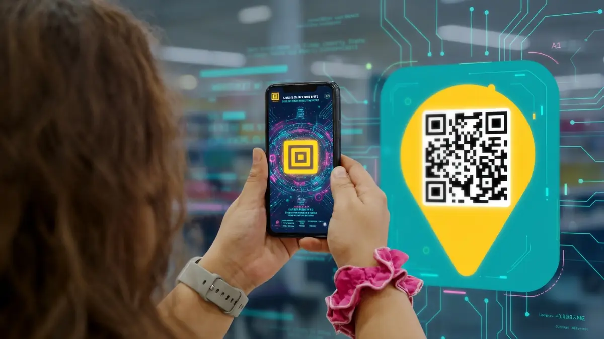 Une femme tient son smartphone pour accéder à Henti scan dans un environnement numérique futuriste