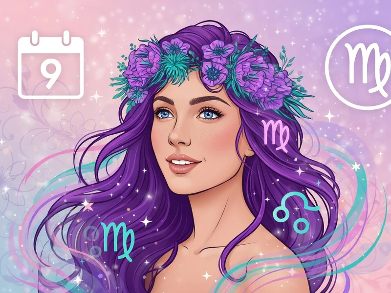 Une femme aux cheveux violets couronnée de fleurs illustre horoscope du jour pour les Vierges
