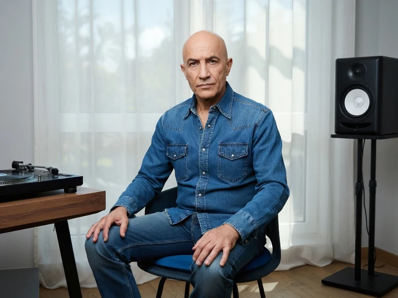 Hubert Blanc-Francard est assis entre une platine vinyle et une enceinte dans une pièce lumineuse