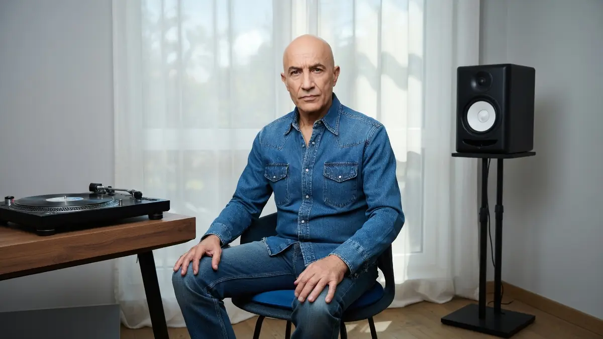 Hubert Blanc-Francard est assis entre une platine vinyle et une enceinte dans une pièce lumineuse