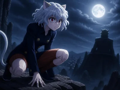Le personnage Hunter x Hunter Pitou accroupi sous une pleine lune dans un paysage sombre et mystérieux