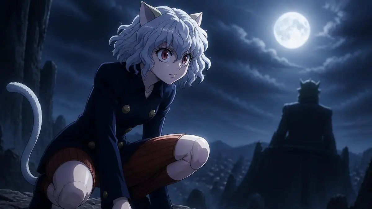 Le personnage Hunter x Hunter Pitou accroupi sous une pleine lune dans un paysage sombre et mystérieux