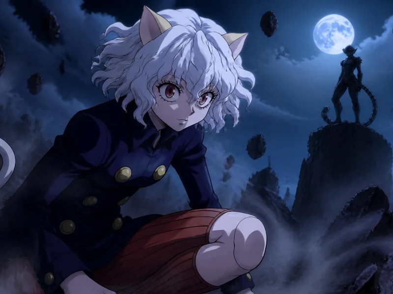 Le personnage Hunter x Hunter Pitou accroupi sous la pleine lune avec une silhouette au loin