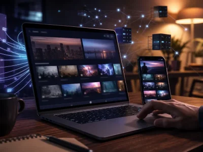 Hydraflix affiché sur un ordinateur relié à un réseau de serveurs vidéo.
