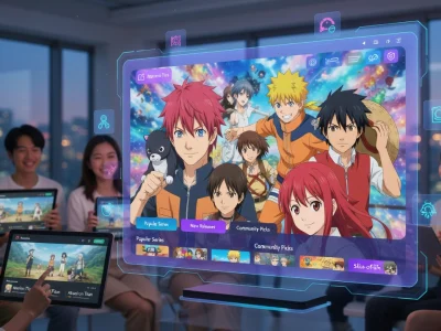 Des personnes utilisent des tablettes pour découvrir une interface de streaming futuriste nommée Ianime