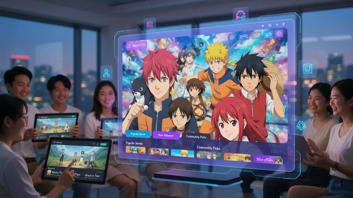 Des personnes utilisent des tablettes pour découvrir une interface de streaming futuriste nommée Ianime