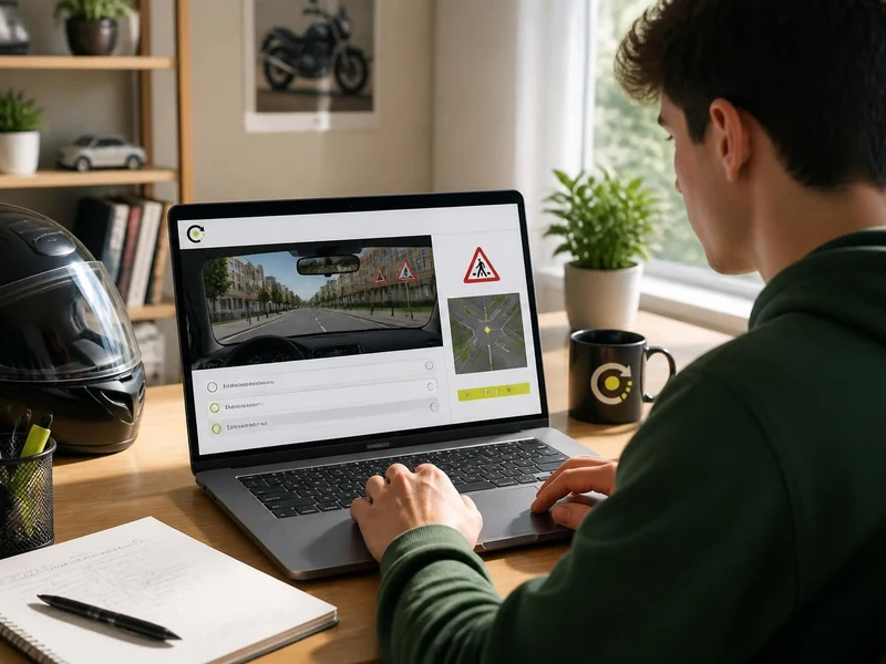 Un jeune homme révise en ligne sur son ordinateur portable avec ici code pour préparer son examen du permis de conduire
